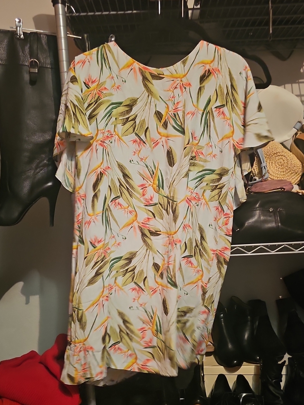 Zara Floral Tropical Print Short Sleeve Dress - White with Green & Pink